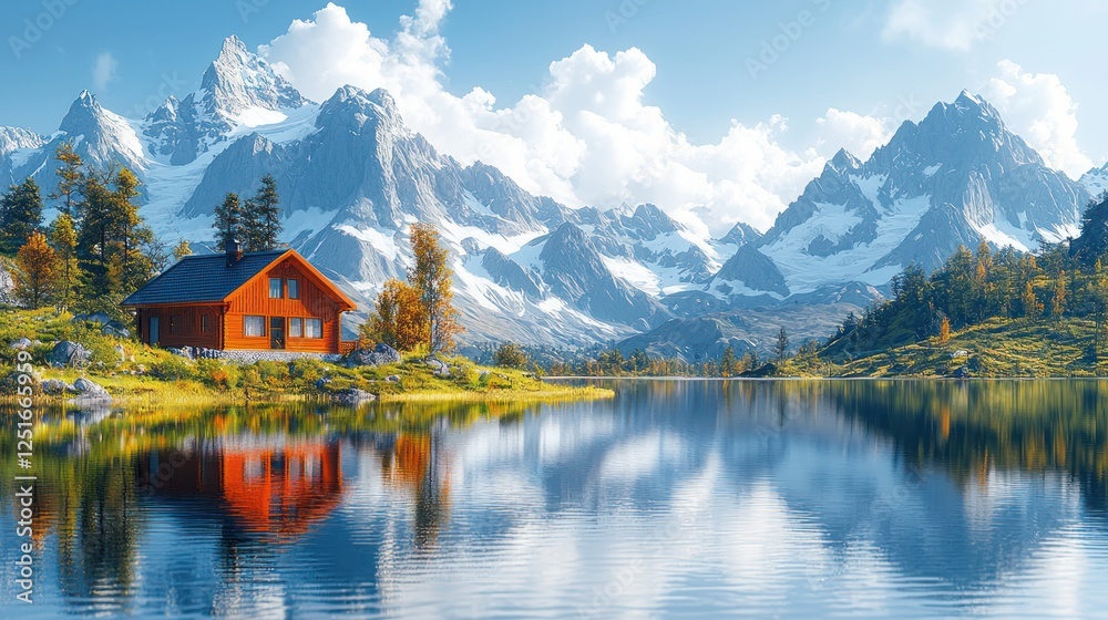 Fototapeta premium Mountain lake cabin autumn reflection postcard