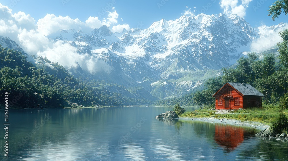 Fototapeta premium Red cabin lake mountain scenic postcard