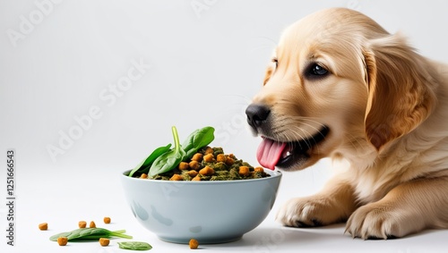 Puppy Labrador eating foods in Large Bowl,  Isolated on white background5 photo