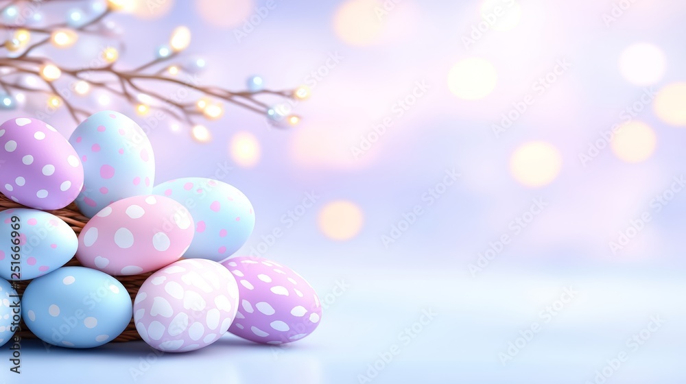 Obraz premium Easter Eggs Basket with Festive Branch and Bokeh Lights on a Pastel Background.