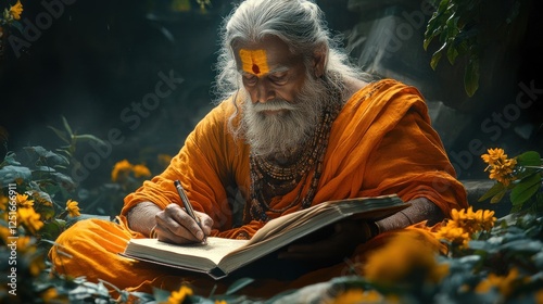 Celebration of Valmiki Jayanti Festival with Sage Writing in Sanskrit Surrounded by Nature