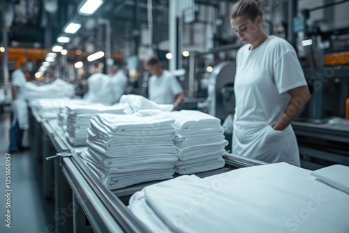 Close-up view of white pillows on a mechanized conveyor belt system within a large, modern laundry or textile processing facility.