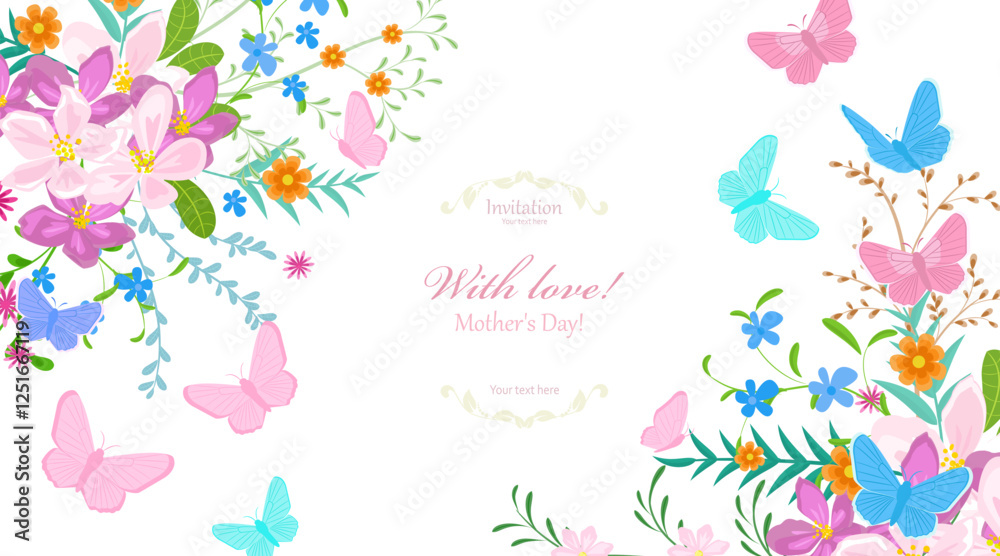 greeting card with colorful wildflowers and butterflies. mother day with love greeting card with colorful wildflowers and butterflies. mother day with love