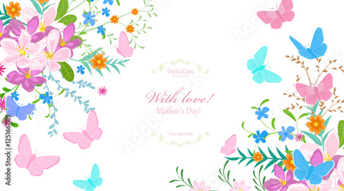 greeting card with colorful wildflowers and butterflies. mother day with love