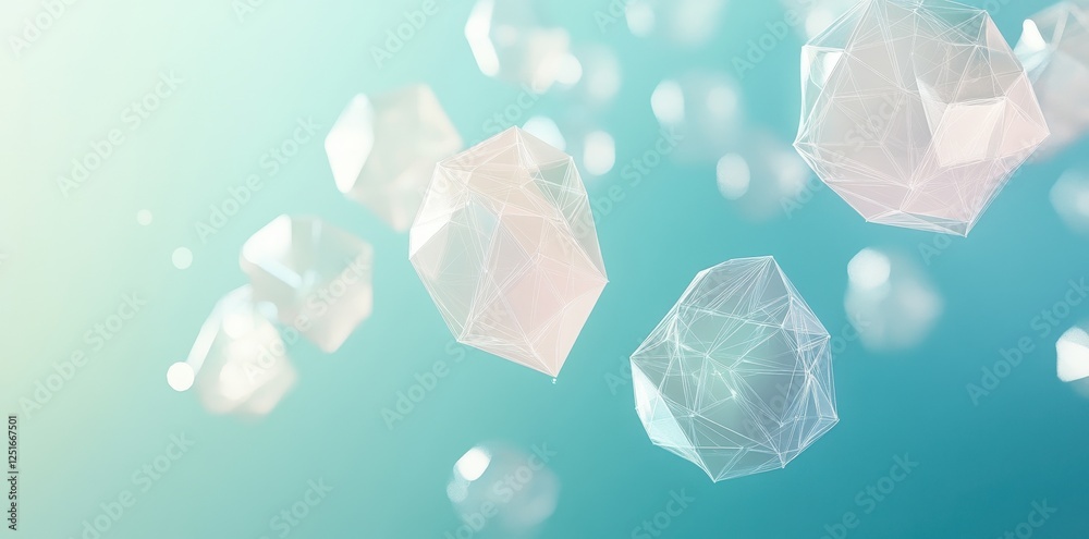 Abstract geometric shapes float in a teal and white gradient Abstract geometric shapes float in a teal and white gradient