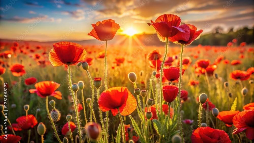 Obraz premium golden hour, sunflower field, sunny meadow, poppy field, flower field, wild flowers, ray of light, poppy, field, flower, red, nature, summer, spring, meadow, poppies, flowers, plant, beauty, garden, b