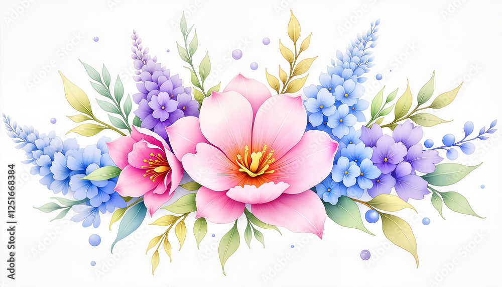 Fototapeta premium Soft pastel watercolor bouquet of tulips and lilacs, romantic decor