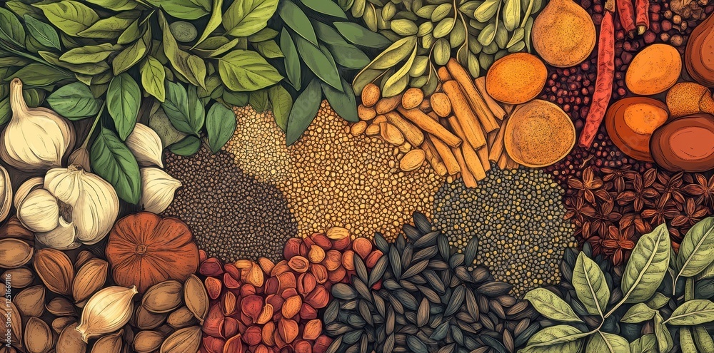 Fototapeta premium Various herbs spices and seeds artfully arranged create colorful scene