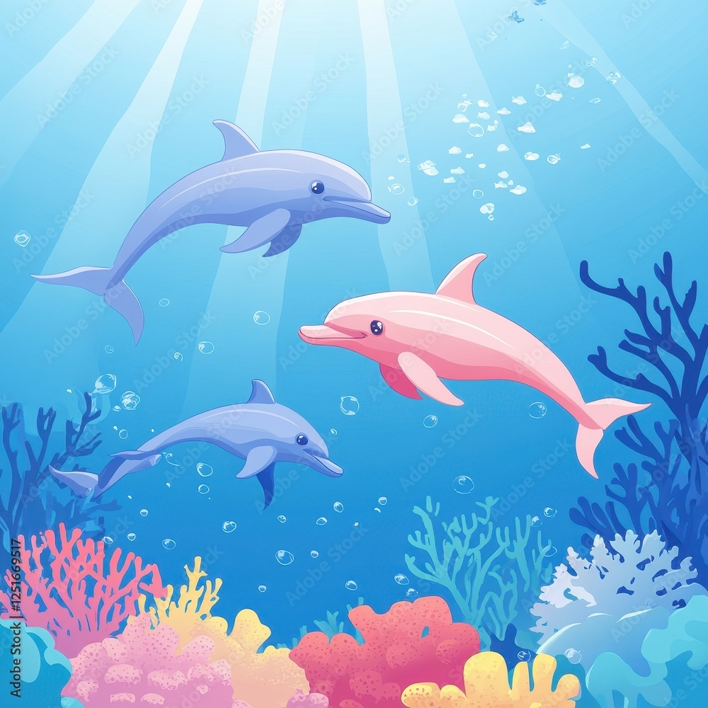 Three dolphins swim among coral in clear blue water Three dolphins swim among coral in clear blue water