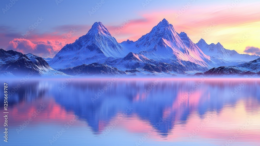 Serene sunrise over snow-capped mountains reflected in calm lake Serene sunrise over snow-capped mountains reflected in calm lake