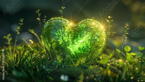 A glowing green heart nestled in lush greenery.  Nature's vibrant energy captured in a breathtaking image.