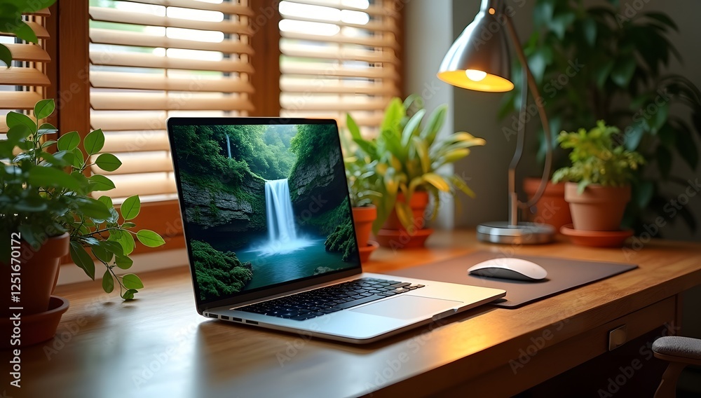 Fototapeta premium Modern Laptop Computer on Wooden Desk with Green Houseplants and Desk Lamp for Remote Work, Home Office & Freelance Blogging (JPG)