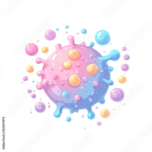 A colorful abstract illustration depicting a virus with vibrant, pastel bubbles surrounding it, representing concepts of science, health, and microscopic life. photo