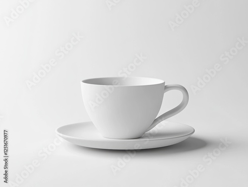 Simple white teacup and saucer on white background.