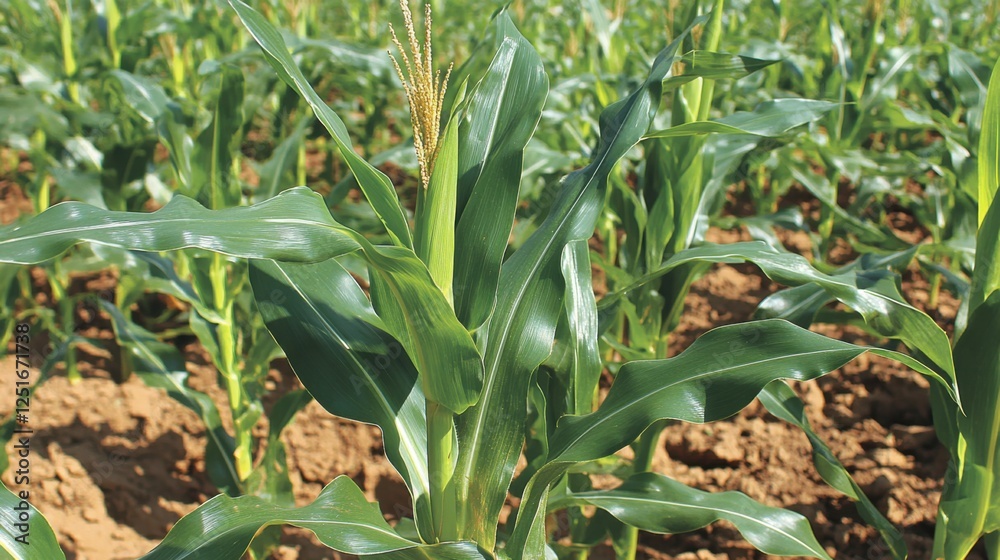 Fototapeta premium Close-up of vibrant green corn stalks bathed in warm sunlight, with delicate leaves stretching upward, showcasing the early growth stage of a healthy maize field
