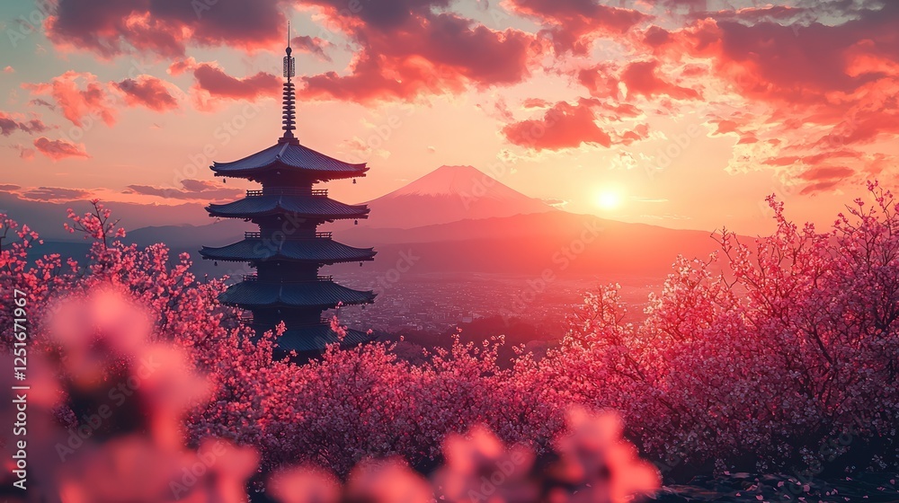 Sunset Pagoda, Fujiyama, Cherry Blossoms, Japan, Spring Sunset Pagoda, Fujiyama, Cherry Blossoms, Japan, Spring