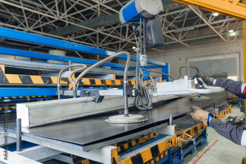 Male worker use Vacuum transporter operating industrial machinery in manufacturing facility
