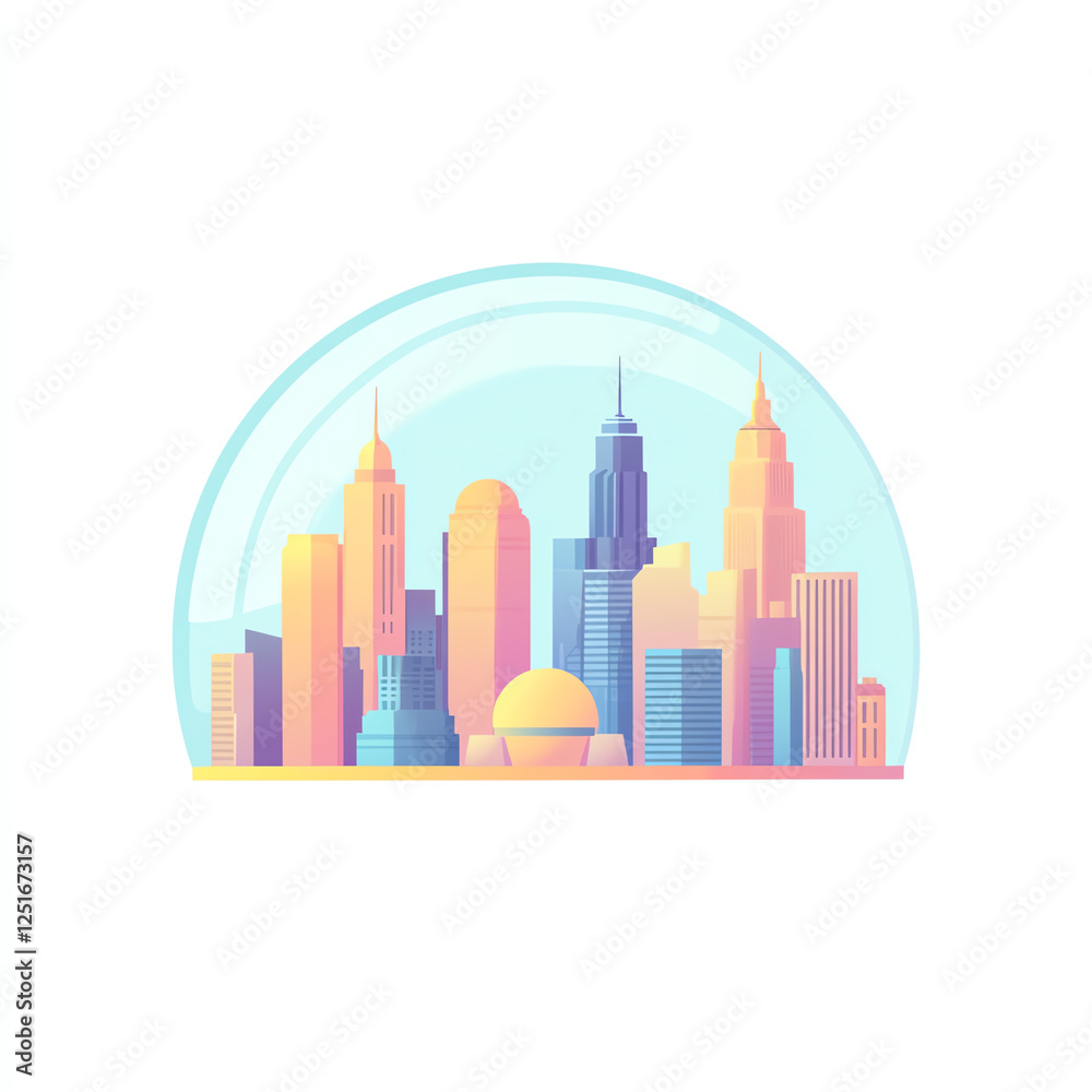 Fototapeta premium A colorful, stylized skyline captured within a dome, showcasing iconic skyscrapers and unique architecture. This artistic representation highlights urban beauty and creativity.