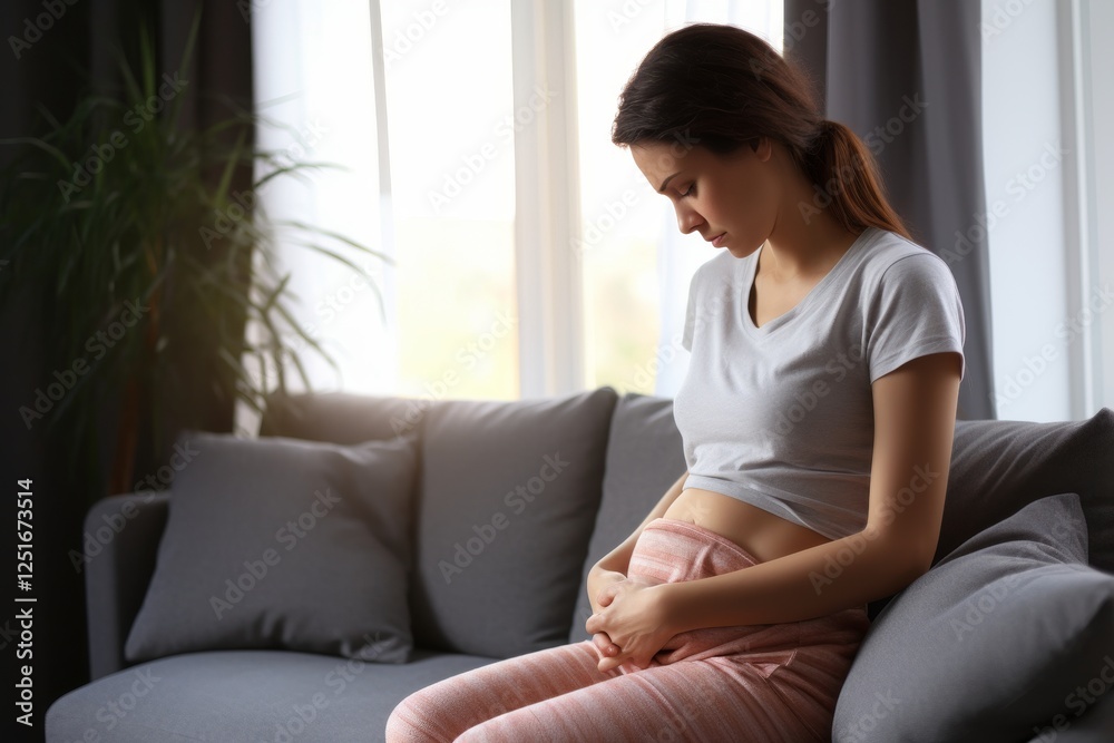 young pregnant woman sitting on sofa, holding belly with hands, sadness on face young pregnant woman sitting on sofa, holding belly with hands, sadness on face