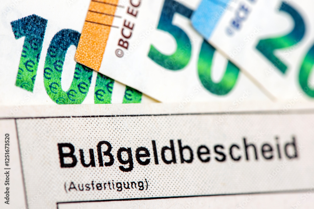 Ein Bußgeldbescheid liegt zusammen mit Euro Geldscheinen