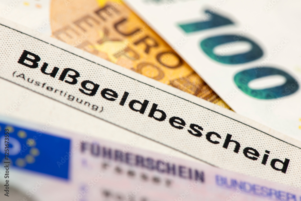 Ein Bußgeldbescheid liegt zusammen mit Euro Geldscheinen und einem Führerschein Ein Bußgeldbescheid liegt zusammen mit Euro Geldscheinen und einem Führerschein