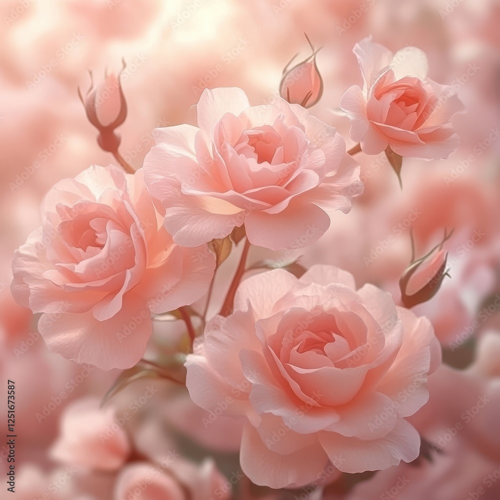 Soft pink roses in bloom with buds and gentle light Soft pink roses in bloom with buds and gentle light