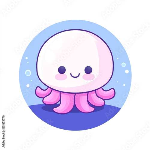 A cute and playful cartoon jellyfish with a smiling face and pink tentacles, set against a bright blue background. Perfect for children's illustrations or aquatic-themed projects.