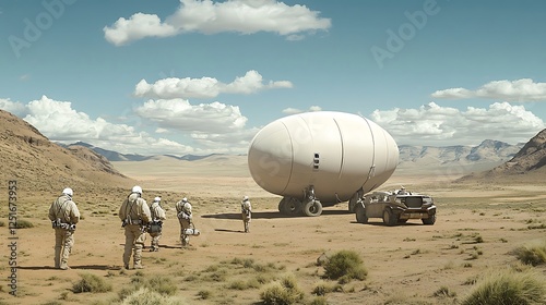 Futuristic Egg-Shaped Vessel Arrives in Arid Desert Landscape: Digital Painting AI Generated photo