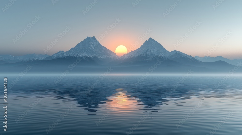 Sunrise over misty mountain lake, serene landscape, peaceful background, travel poster Sunrise over misty mountain lake, serene landscape, peaceful background, travel poster