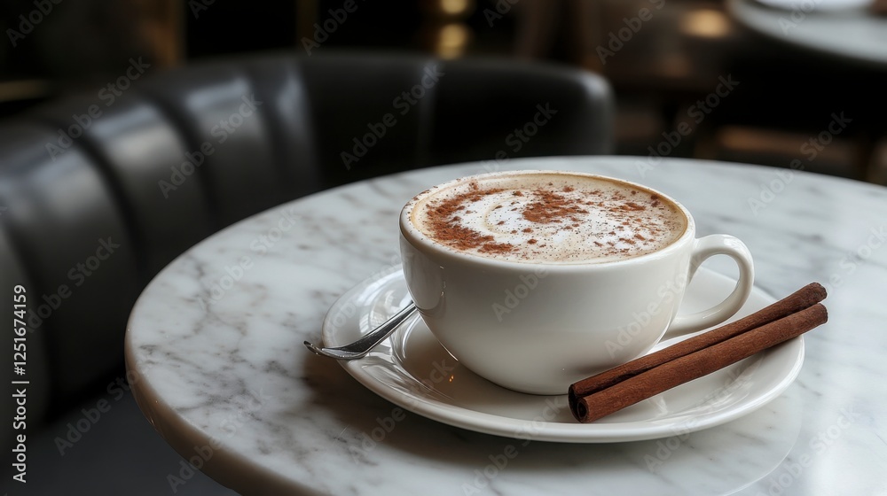 A rich, frothy cappuccino with cinnamon sprinkled on top, served in a white cup on a marble table, with a cinnamon stick on the side A rich, frothy cappuccino with cinnamon sprinkled on top, served in a white cup on a marble table, with a cinnamon stick on the side