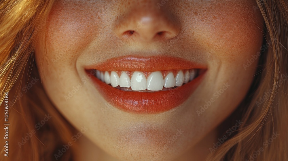 Obraz premium Smiling Woman Close-up Portrait with Glossy Lips and Bright White Teeth