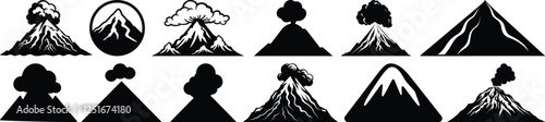 Volcano silhouettes set, mountain pack of vector silhouette design, isolated background