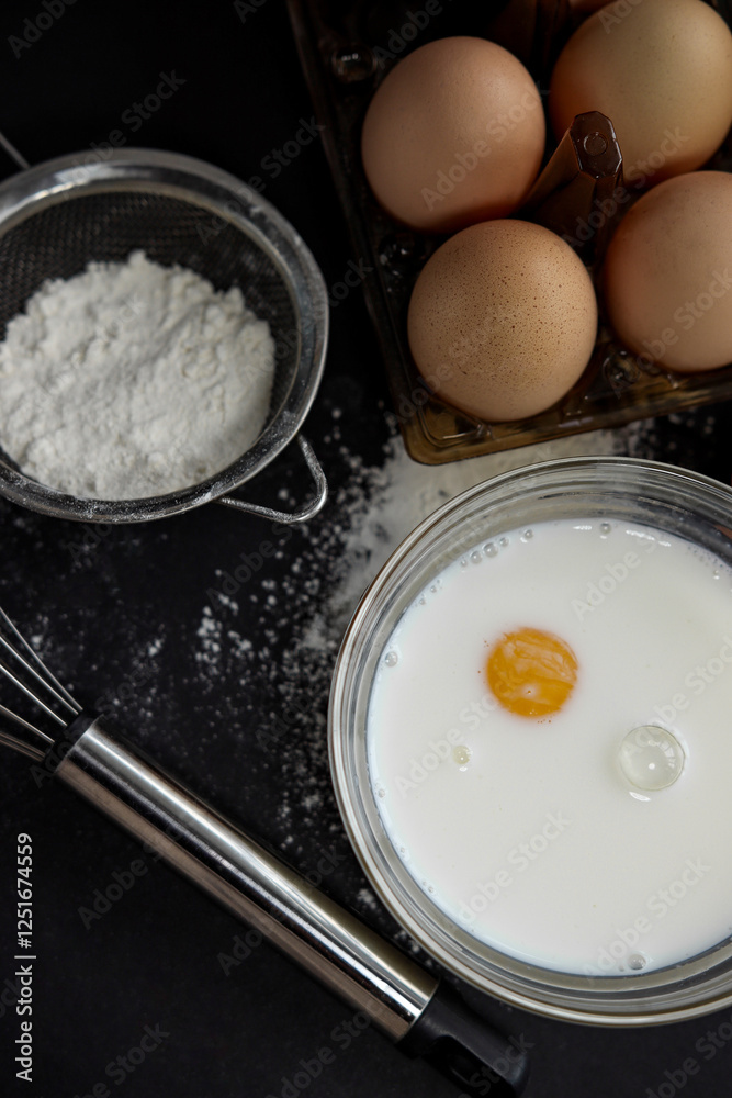 the process of preparing dough with egg, milk, flour and tools for kneading dough on a dark background, different angles the process of preparing dough with egg, milk, flour and tools for kneading dough on a dark background, different angles