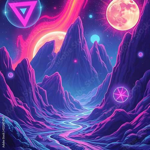 Surreal Alien Landscape With Colorful Moons and a Glowing River