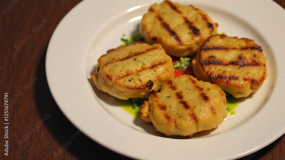 Grilled Halloumi Cheese with Herb Garnish on a White Plate Grilled Halloumi Cheese with Herb Garnish on a White Plate
