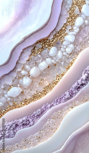 Abstract luxury marble texture with gold glitter, white pearls and purple waves. Fluid art background with shimmering metallic elements and natural stone pattern.