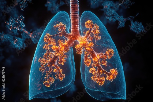 3d rendered illustration of lungs with cancer cells and smoke floating around them