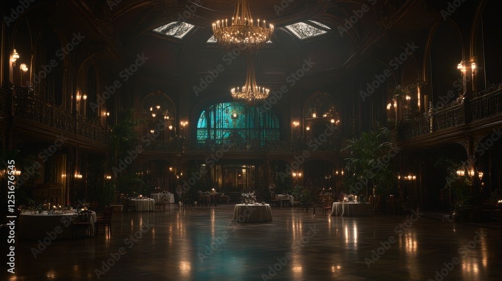 Obraz premium Elegant Ballroom Interior With Tables And Chairs Illuminated By Chandeliers And Wall Lamps.