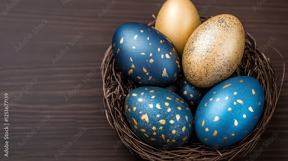 Elegant Easter Eggs in a Rustic Nest with Gold Accents on a Dark Wood Surface. Elegant Easter Eggs in a Rustic Nest with Gold Accents on a Dark Wood Surface.