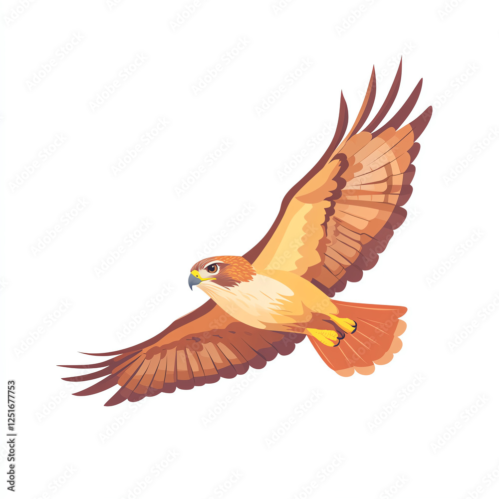 Obraz premium A majestic hawk gracefully soaring through the blue sky. Its wings spread wide, showcasing an array of vibrant feathers. Ideal for nature and wildlife enthusiasts.