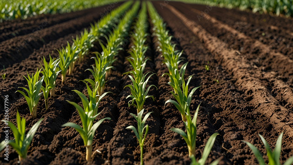 Naklejka premium Agricultural field with fresh young plants growing in rich brown soil in perfectly aligned rows