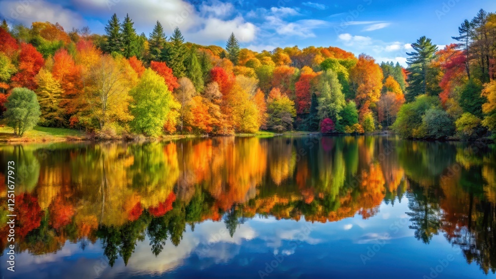 Serene autumn landscape by the lake with vibrant foliage reflected in calm waters Serene autumn landscape by the lake with vibrant foliage reflected in calm waters