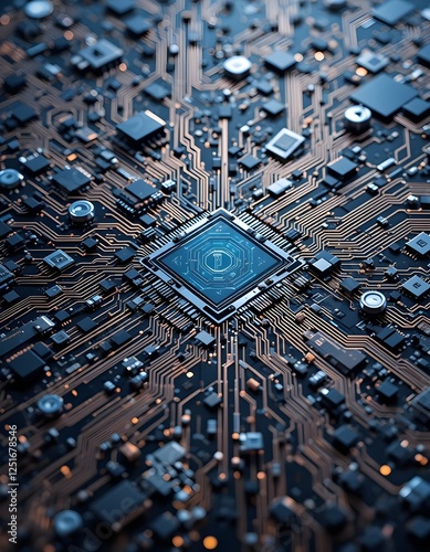 Close-Up View of an Advanced Computer Microchip and Electronic Circuits