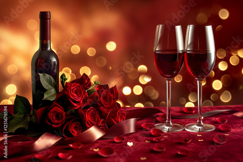 A romantic Valentine's Day celebration setup featuring a bottle of fine red wine and two elegantly filled wine glasses, placed on a luxurious deep red velvet tablecloth