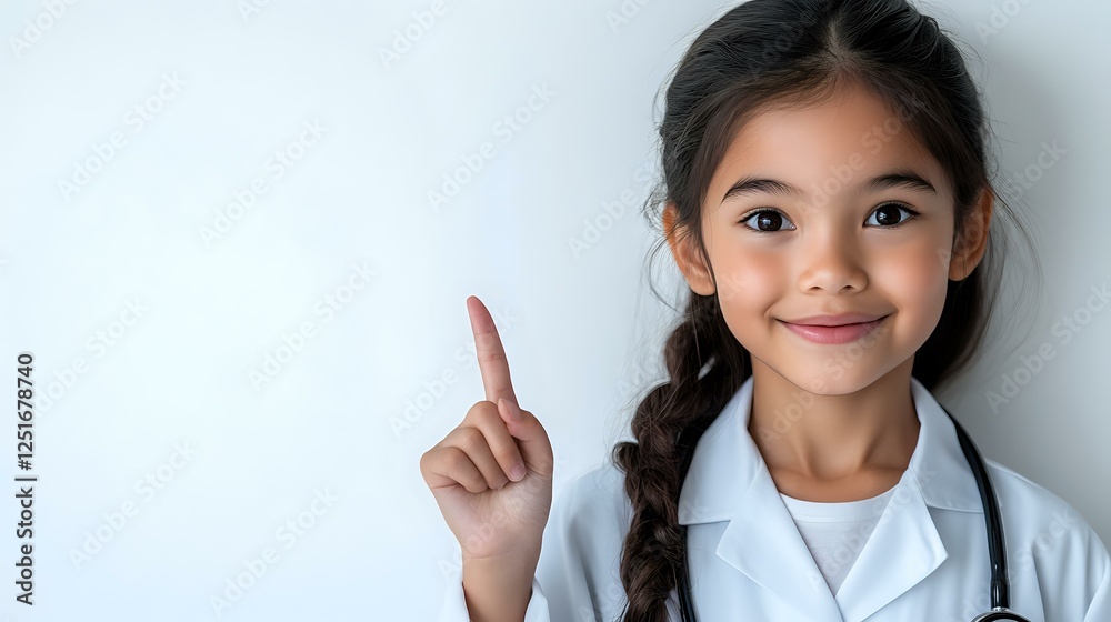 Young Asian girl wearing doctor coat and stethoscope points finger up with cheerful smile against white background, representing future medical professional or healthcare. Young Asian girl wearing doctor coat and stethoscope points finger up with cheerful smile against white background, representing future medical professional or healthcare.