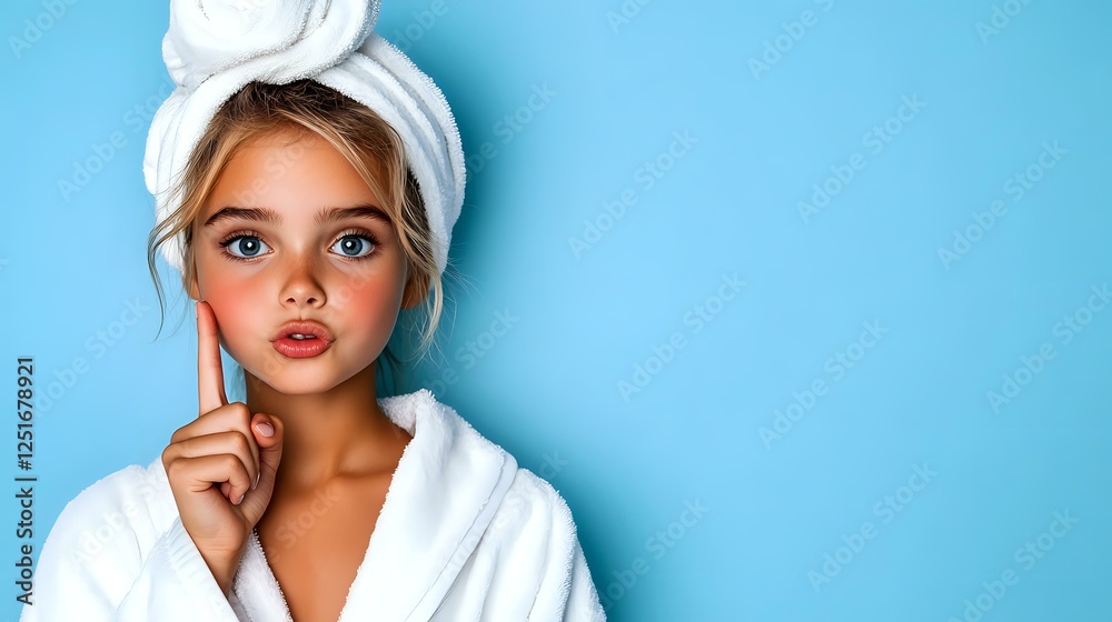 Young woman in white bathrobe and hair towel with bright orange lipstick and blue eyes against turquoise background, fresh spa beauty portrait with thoughtful expression. Young woman in white bathrobe and hair towel with bright orange lipstick and blue eyes against turquoise background, fresh spa beauty portrait with thoughtful expression.