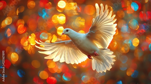 White dove flying in stained glass window background, peaceful spirit, symbol of love and faith in warm golden light