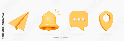 3D Social media icon set with yellow notification bell, paper airplane, speech bubble message and pin location. Office and business. Cartoon design icons isolated on white. 3D Vector illustration
