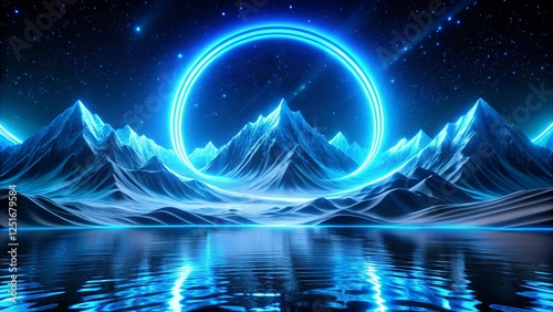 abstract blue desktop wallpaper background with snow mountains and neon light circle round line water waves. dark black blue theme
