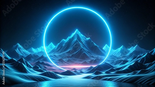 abstract blue desktop wallpaper background with snow mountains and neon light circle round line water waves. dark black blue theme
